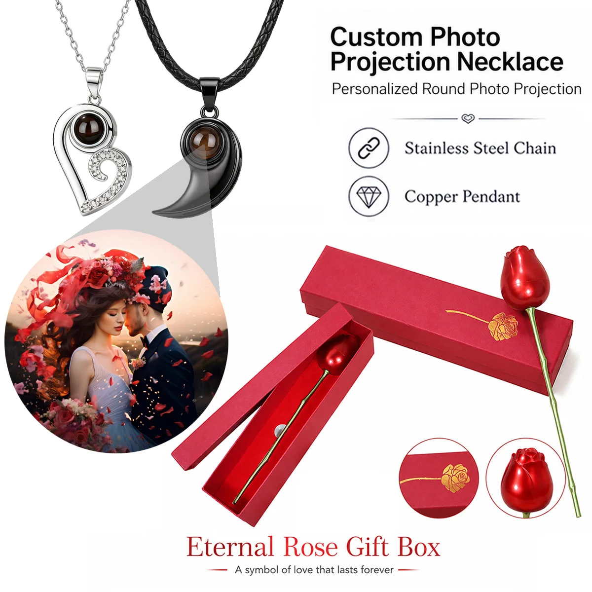 Custom Color Photo Projection Heart Necklace Rose Gift Box Stainless Steel Chain Valentine's Mother's Day For Women Couple Set