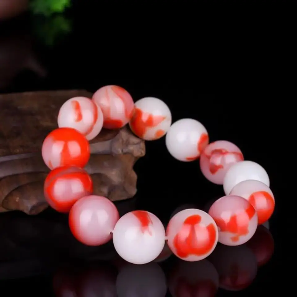 

Natural Red White Jade Round Beads Bracelet Chinese Hand-Carved Charm Jewelry Fashion Amulet Accessories for Men Women Gifts