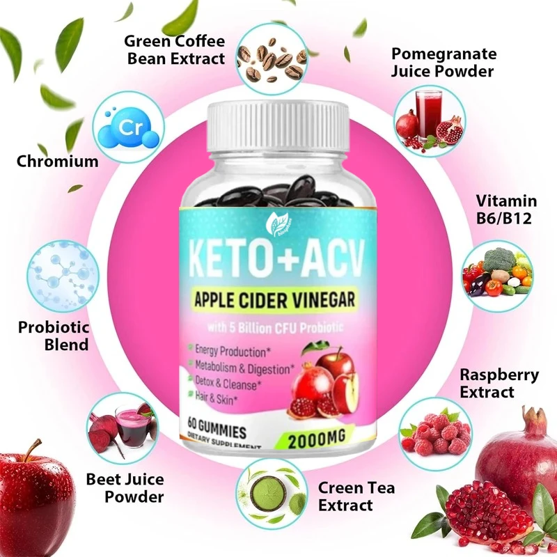 

Яблочный уксус Gummies KETO ACV, 2000 мг, зеленый чай, пробиотики, B6 и B12. ACV используется для метаболизма и пищеварения
