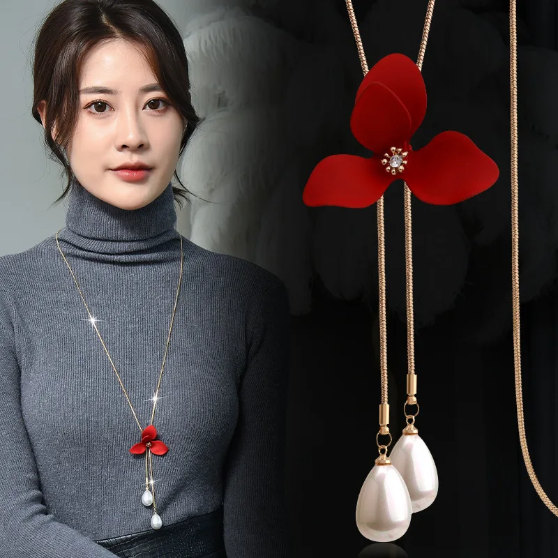 Fashion Red White Flower Pendant Long Necklaces Gift New Simulated Pearl Women Maxi Necklace Jewelry Wholesale