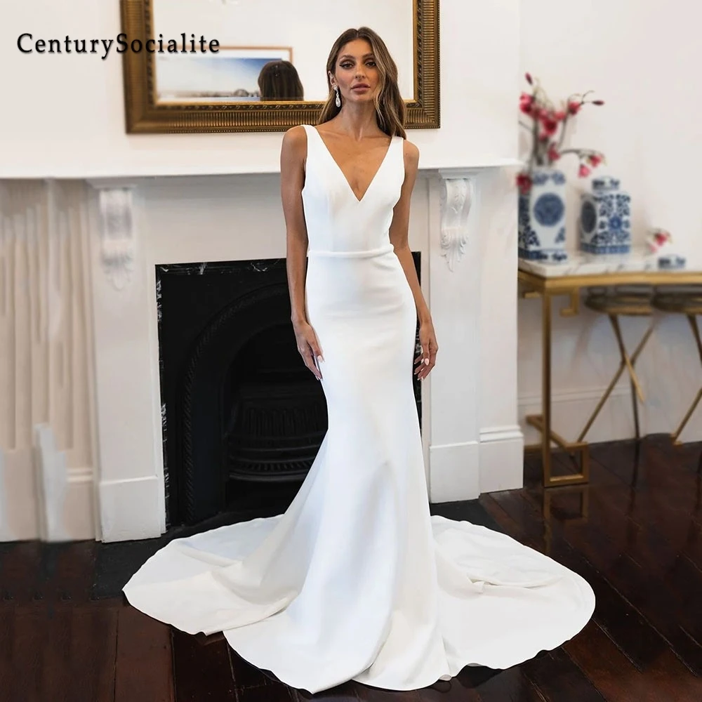 

Civil Mermaid Wedding Dress Women V Neck Backless Crepe Country Bridal Gowns Simple Bride Dress Vestidos de Novia Customized