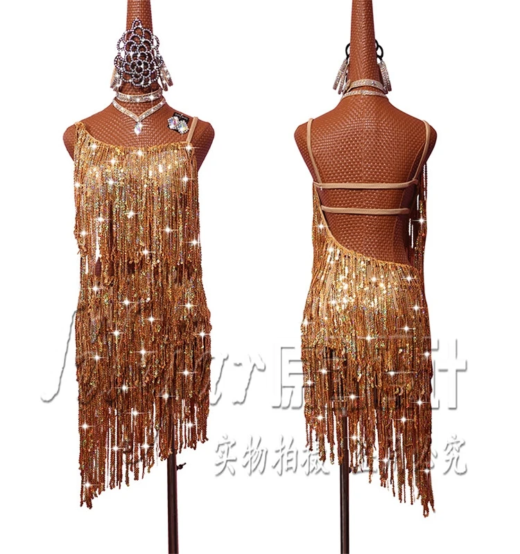 

Belly Dance Latin Dance Competition Costume Performance Costume Suspender Halter Gold Sequin Tassel Skirt