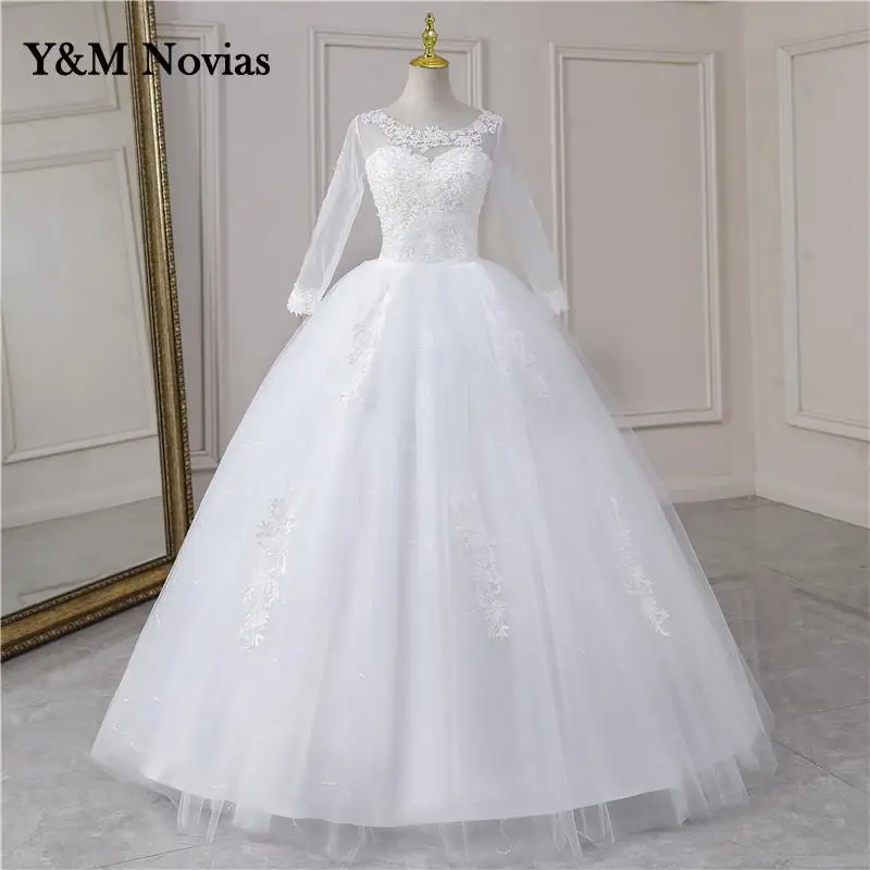 Real Video Cheap Luxury Pearls Ball Gowns O-Neck Off White Tulle Bridal Dress For Wedding Dresses with Sleeve Plus Size Custome