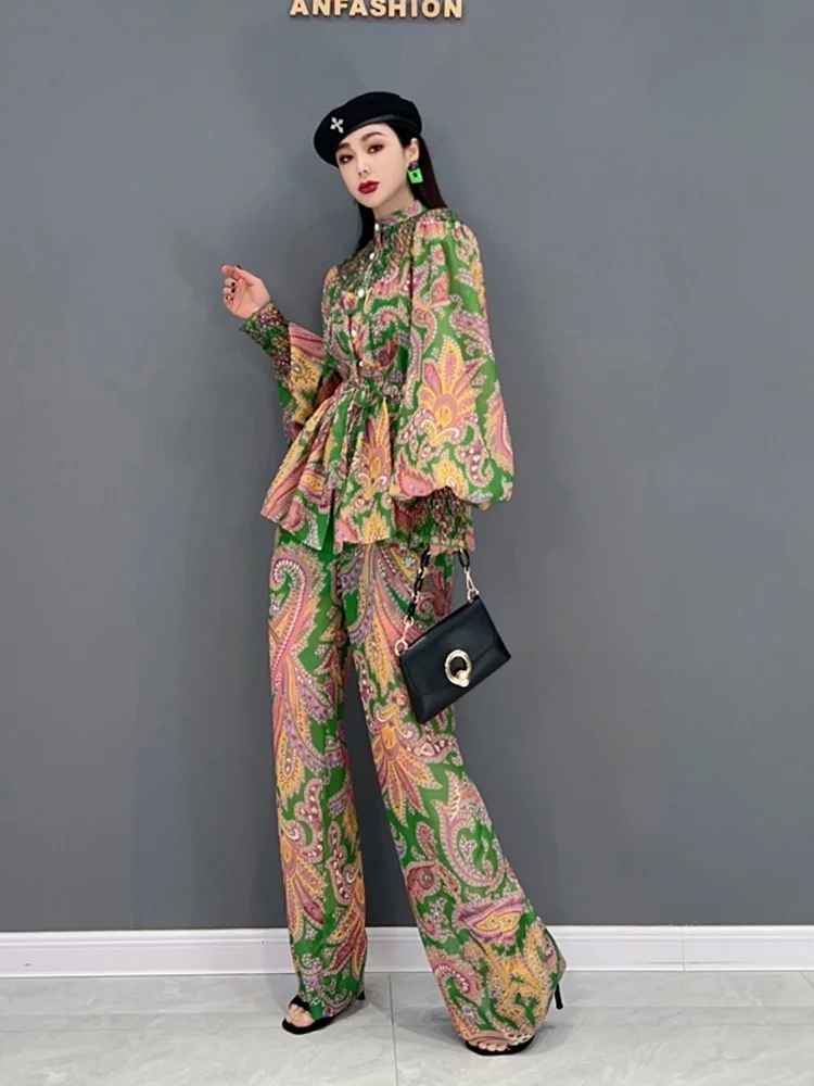 Women Elastic Waist Chiffon Printing Long Sleeves Shirt Suit + Wide Leg Pants Suit 2024 Spring Autumn LX495S