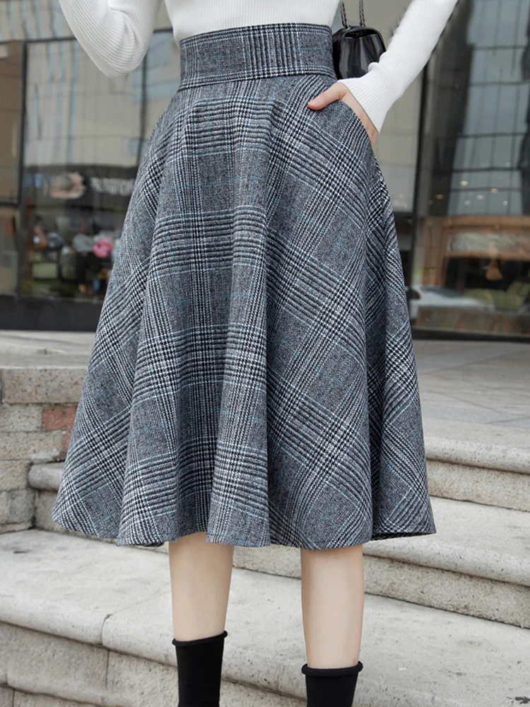 England Style Grey Plaid skirt High Waist Midi Skirts Woolen A Line Pleated Winter Women Tartan Skirts S-5XL