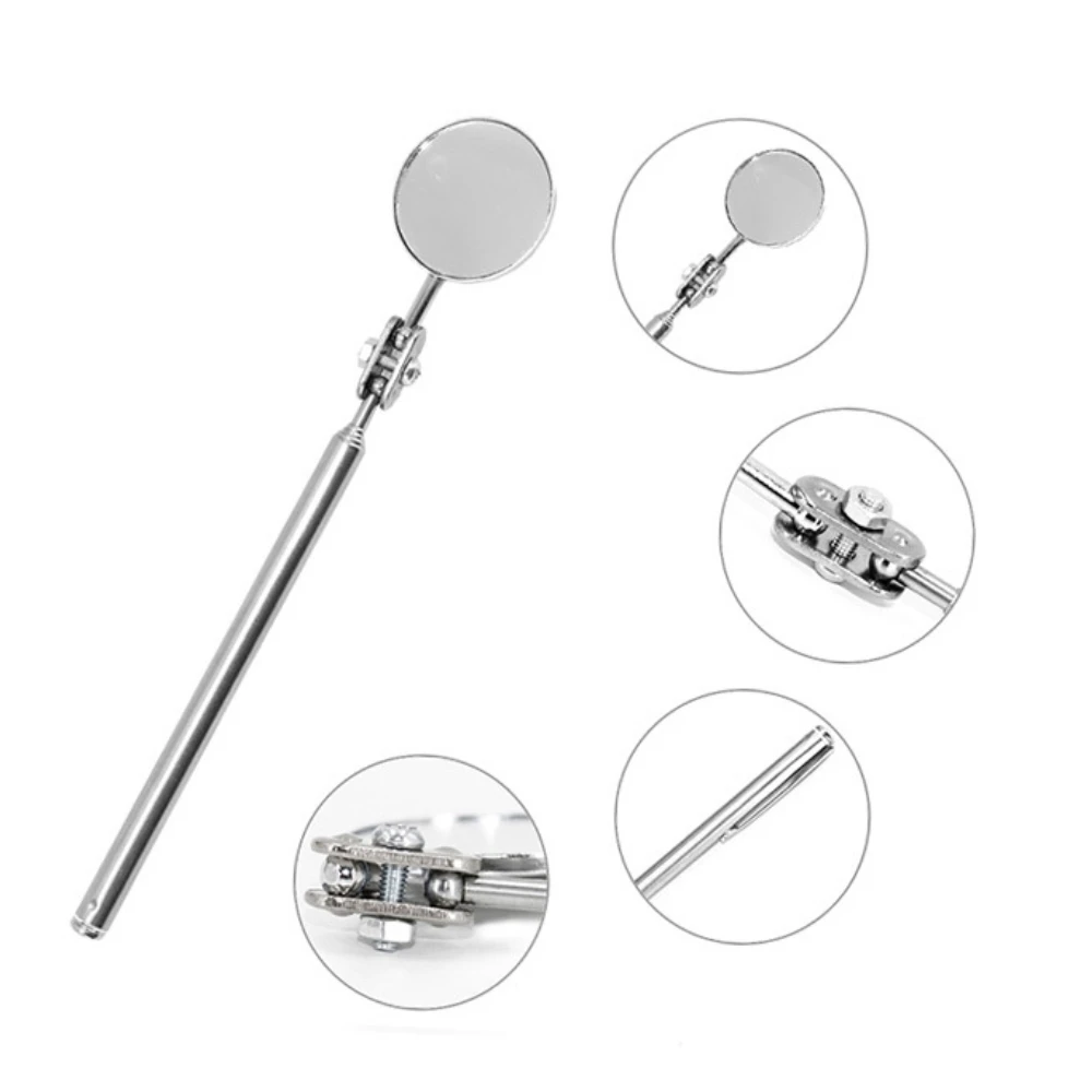 Stainless Steel Extended Handle Telescopic Round Mirror 360° Rotation Folding Handle Inspection Mirror for Mechanics Dental