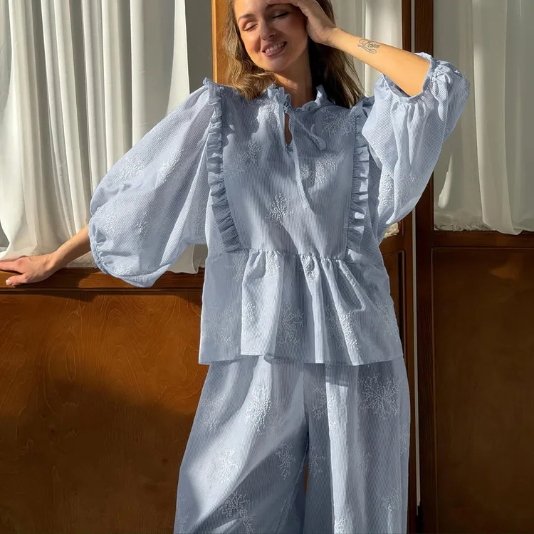 

2026 Casual Long Sleeve Shirt With High Waist Wide Pants Set Female Clothes Fashion Loose Blue Cotton Women Two Pieces Set