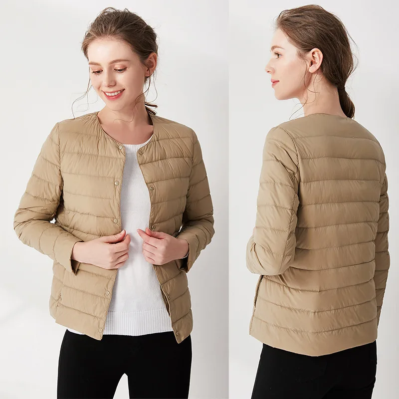 

Осень и зима 2025 г. Новый женский пуховик без воротника. Легкий и тонкий короткий женский пуховик с круглым вырезом и V-образным вырезом.