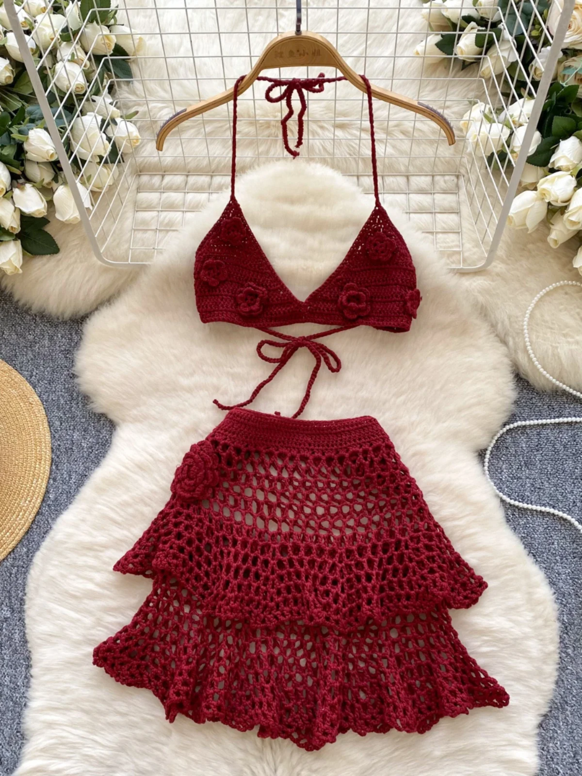 Spring Break Vacation Wear Women's Sexy Spicy Girl 3D Flower Strap Vest Hollow Knitted Half Skirt Beach Skirt Fashion Set
