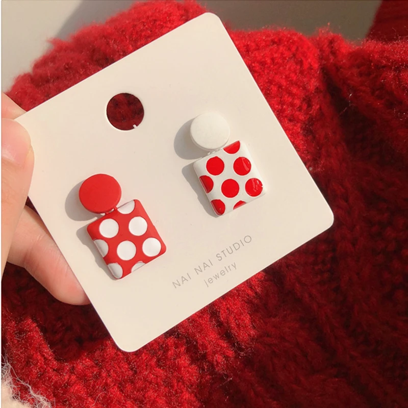 Trendy Geometric Square Red White Polka Dot Drop Earrings Korean Unique Style Asymmetric Enamel Ear Jewelry New Year Gift