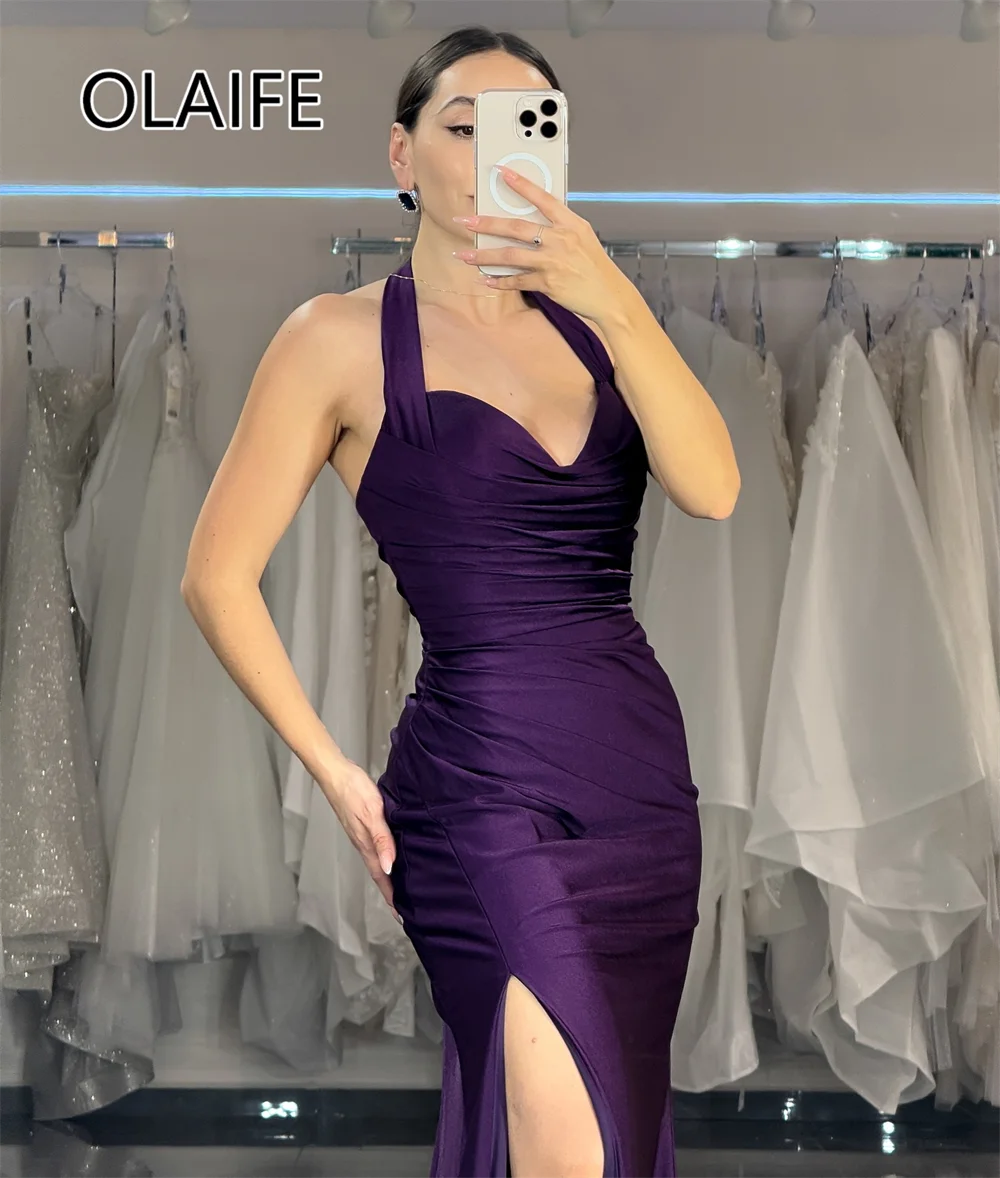 Modest Halter Satin Pleated Formal Evening Party Dress Backless Side Slit Prom Club Bridesmaid Gown with Court Customized