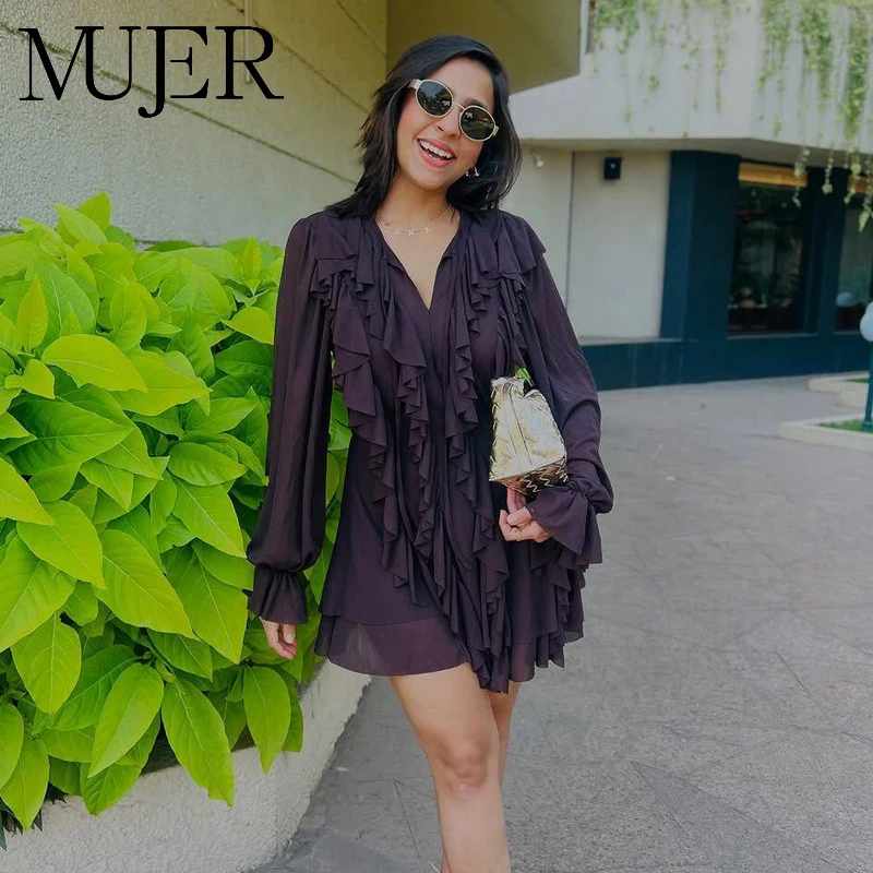 MUJER 2025 Rüschen Kurze Kleider für Frauen Plissee Tüll Partykleid Frauen Semi Sheer Damen Sommerkleid Fee Minikleid Frau