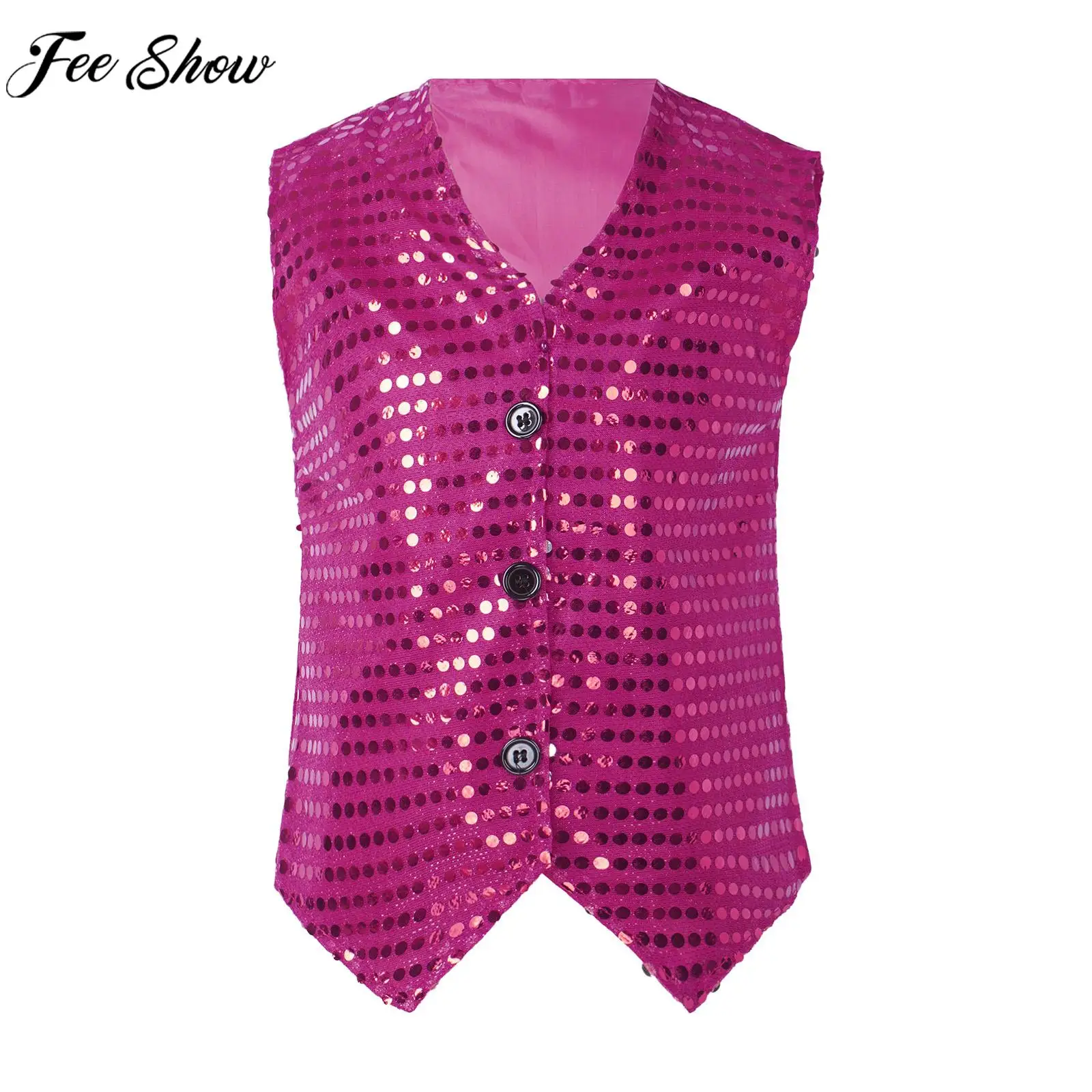 Kids Adult Shiny Sequin Vest Hip Hop Street Jazz Dance Choir Stage Performance Waistcoat Theme Party Magician Cosplay Costume