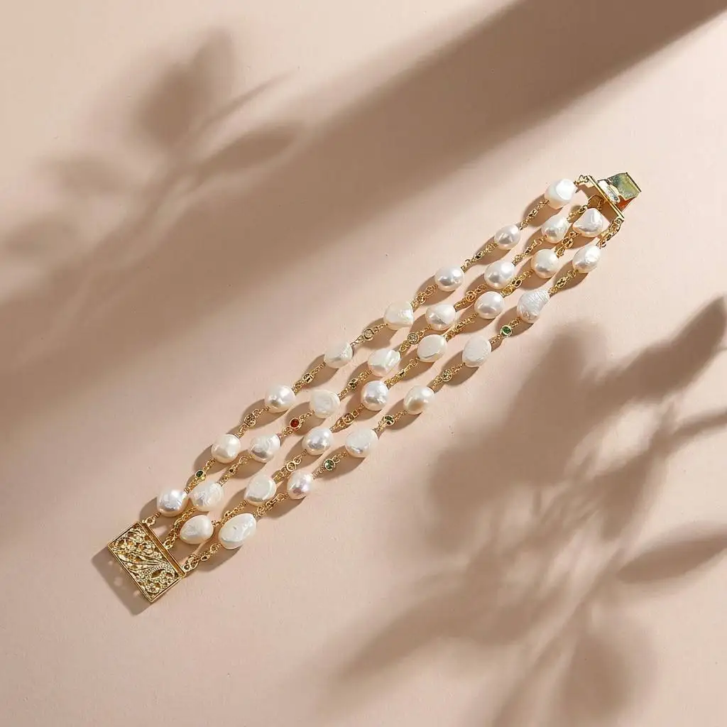 Natural Freshwater Pearl Bracelet with Colorful Zircons for Women Vintage Luxury Design 4 Strands Jewelry Handmade Bracelets