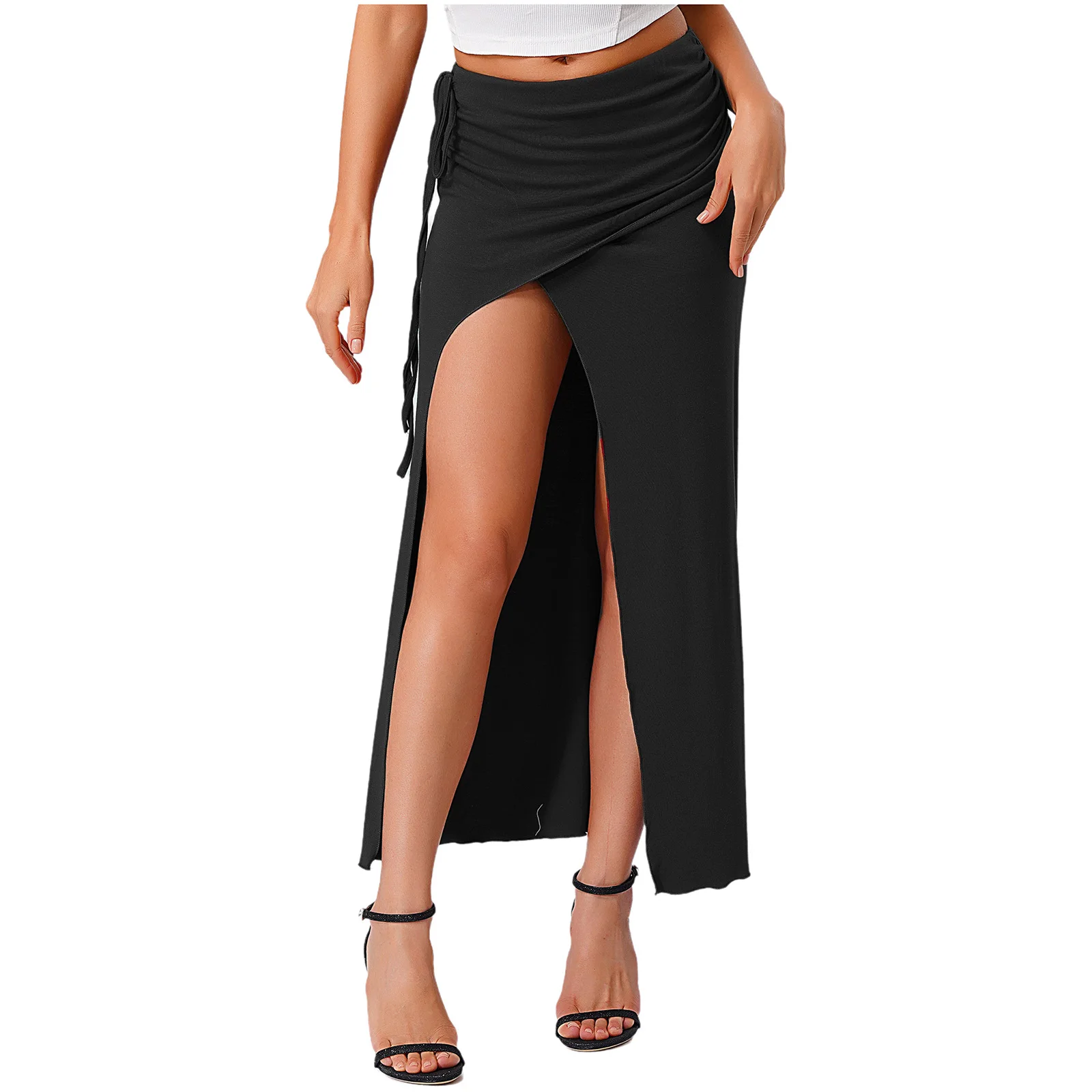 

Womens Belly Dance Skirts Elastic Waist Side Drawstring Slit Ruched Bodycon Maxi Skirt with Safety Shorts for Dance Performance