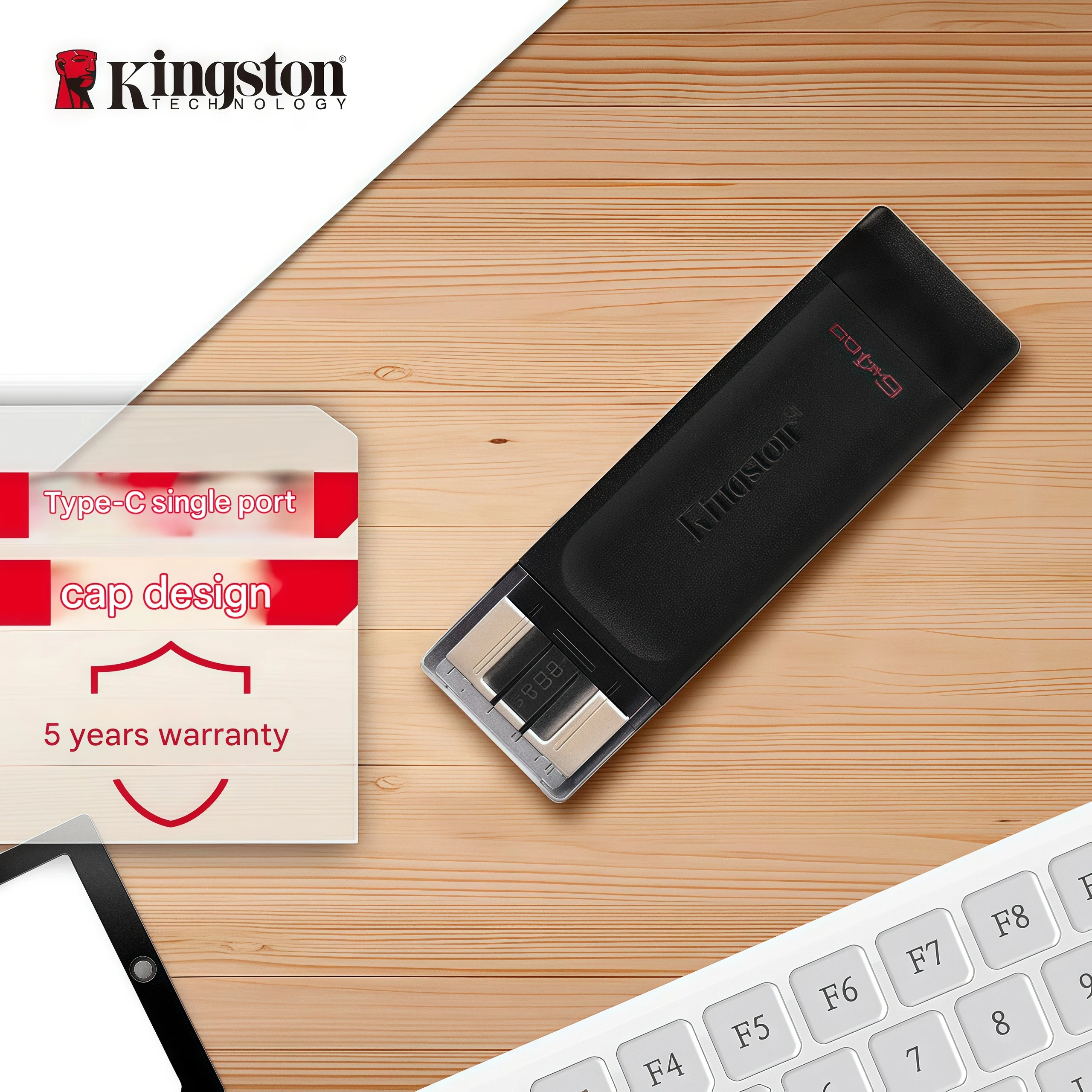 Unidade flash USB Kingston USB 3.2 Gen1 Type-C de alta capacidade, preta, compatível com Android, Apple, carro, telefones celulares e PC