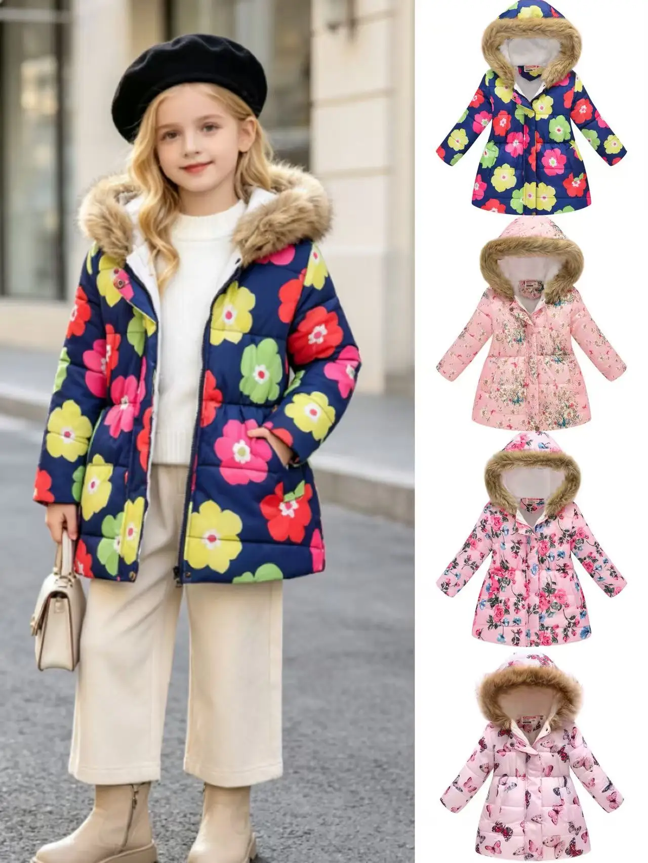 Winter New Style, Girls' Waist Cinched Hooded Cotton Jacket, Warm Fur Collar, Fashionable Printed Style, Suitable for Girls Aged