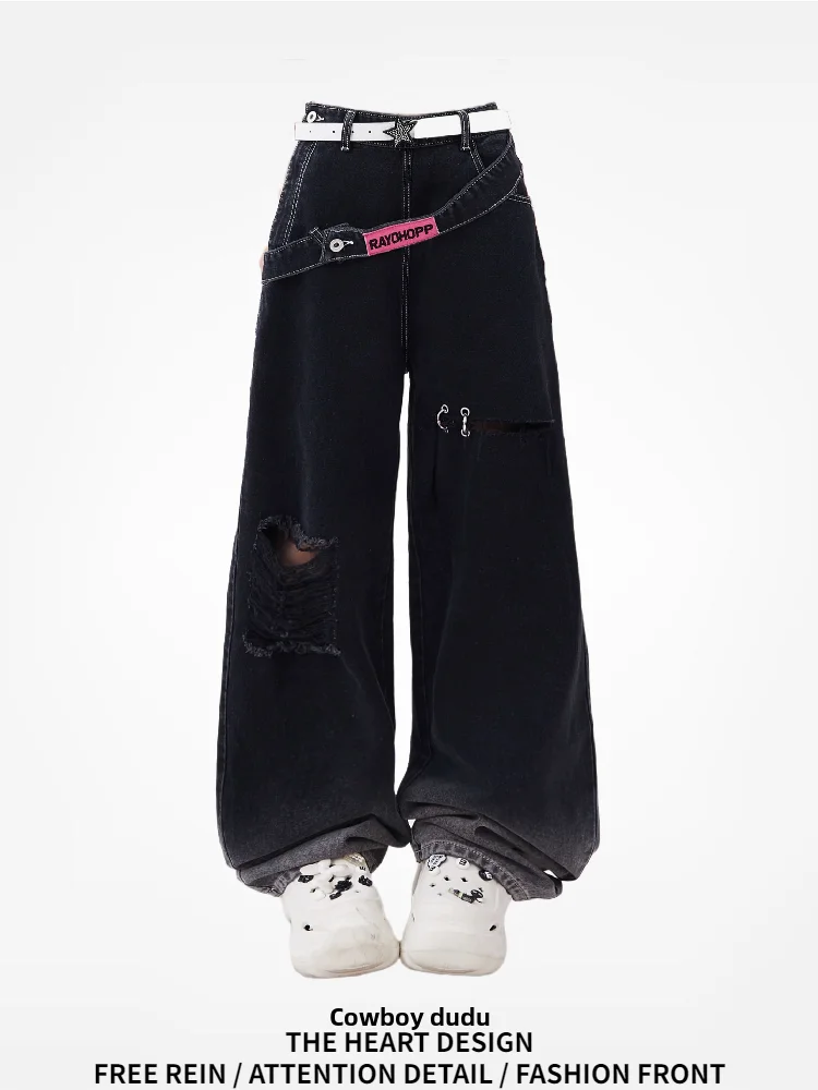 

American Vibe Retro adient Hole Design Loose Wide Leg Jeans High Street Sle Women's Denim Pants Trendy Brand Straight Cut