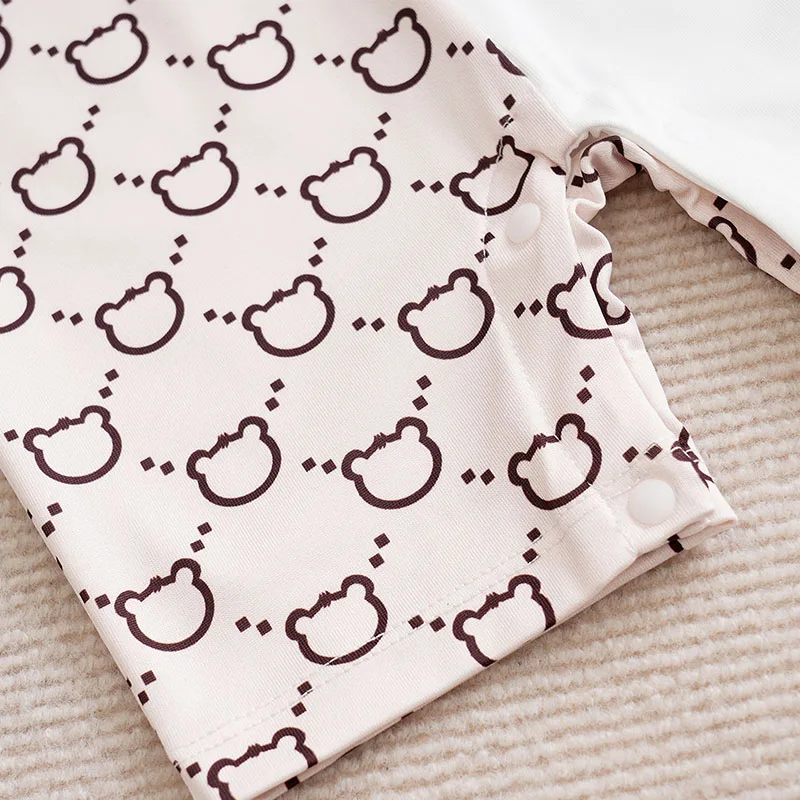 NewbornBabyBoyGirl Toddler Clothing Jumpsuit Casual Cute Cartoon Teddy Bear Summer Apricot ColorContrasting ShortSleevedJumpsuit