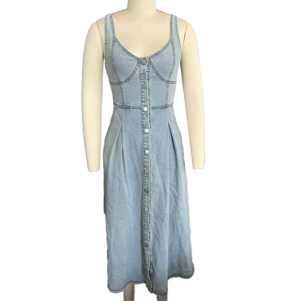 Robe en jean pour femmes, col à la mode, délavé, débardeur, sans manches, robe de plage, de fête, vêtements élégants, été ﻿
