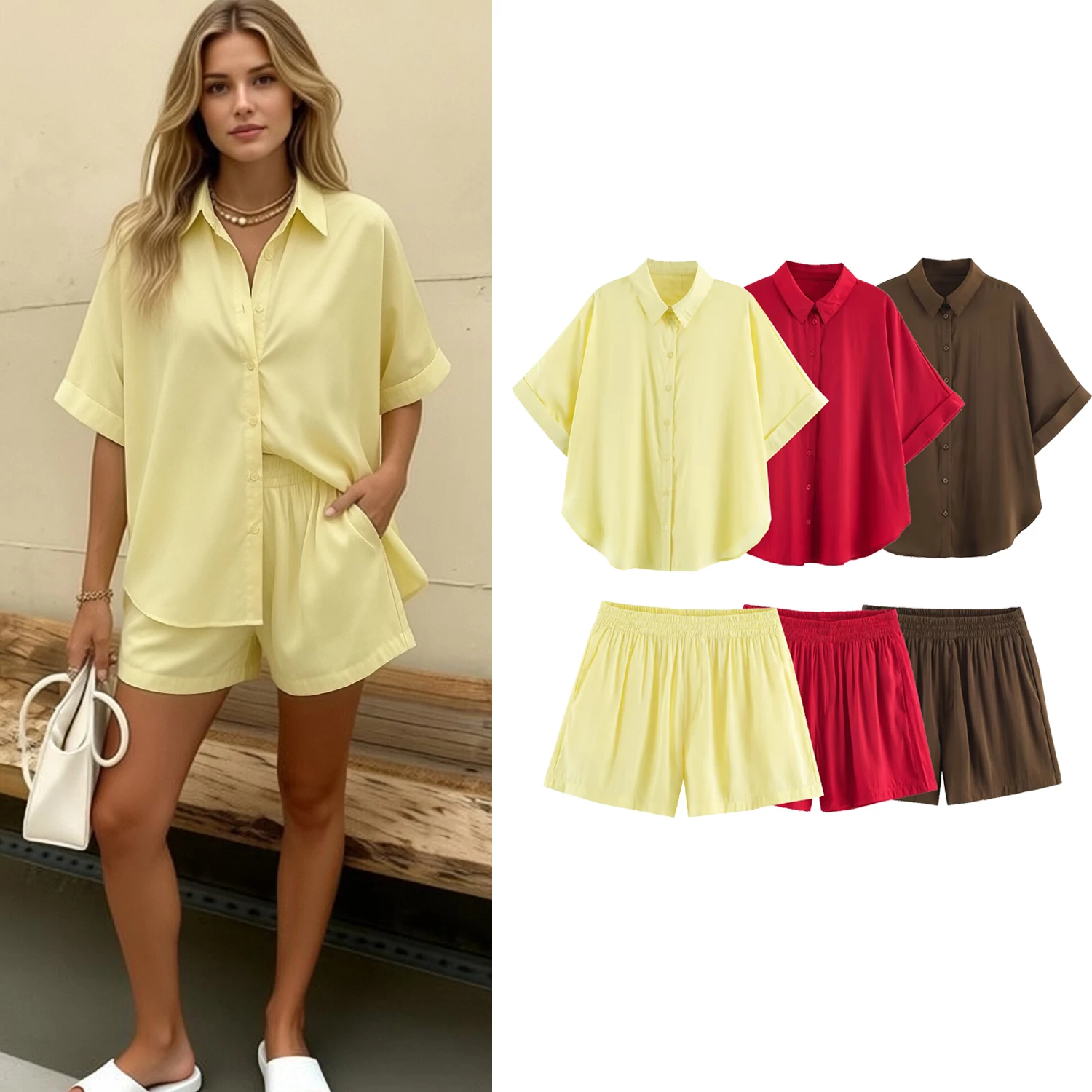 Women Formal Wear Tops - Dames Casual Shirt Shorts Paksets Zomer
