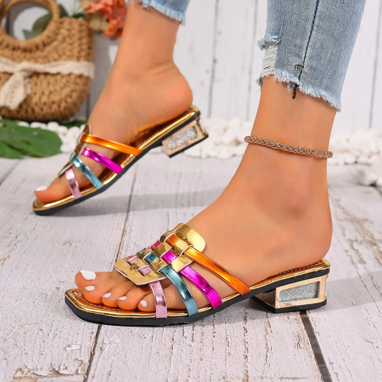 2026 New Large Size Colorful Woven Casual Flat Bottom Slipper Women Toe Exposed Fashionable All-Match High Heel_vogvips.com
