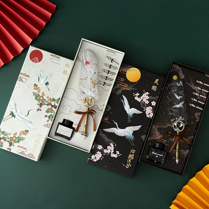 

2022 New Ancient Style Feather Fountain Pen Chinese Style Dip Pens Ink And Notebook Set Writing School Supplies Creative Gifts