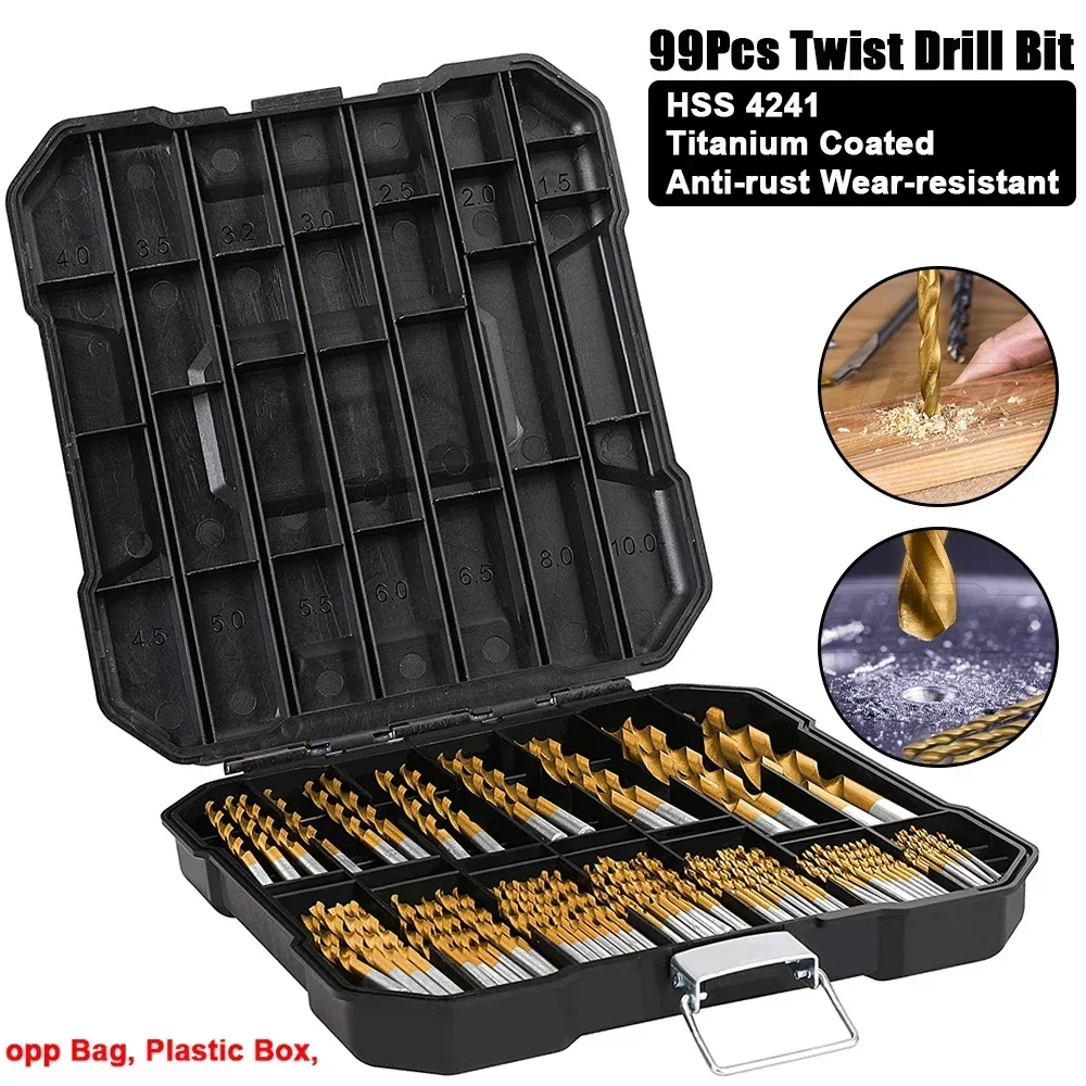 99Pcs Titanium  Bit Set High-Speed Steel Drill Bits for Steel Plate  Metal Copper Alloy Wood Plastic Woodworking Hole Opener