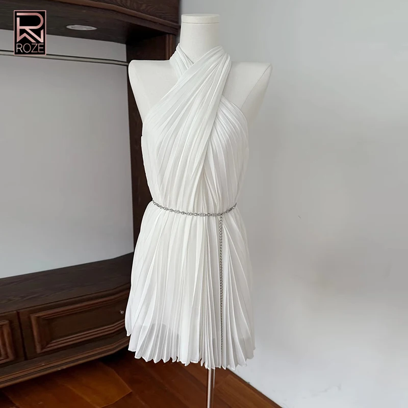 솔리드 패치워크 메탈 튜닉 시크 드레스 여성용 홀터 슬리브리스 미니멀리스트 시어 폴드 캐주얼 드레스 여성 패션 스타일