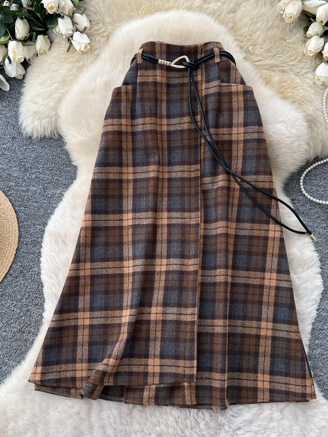 Retro Plaid Splicing A-Line Midi Skirt Women's High Waist Slimming Commute Elastic Waist Skirts Korean Style City Commute