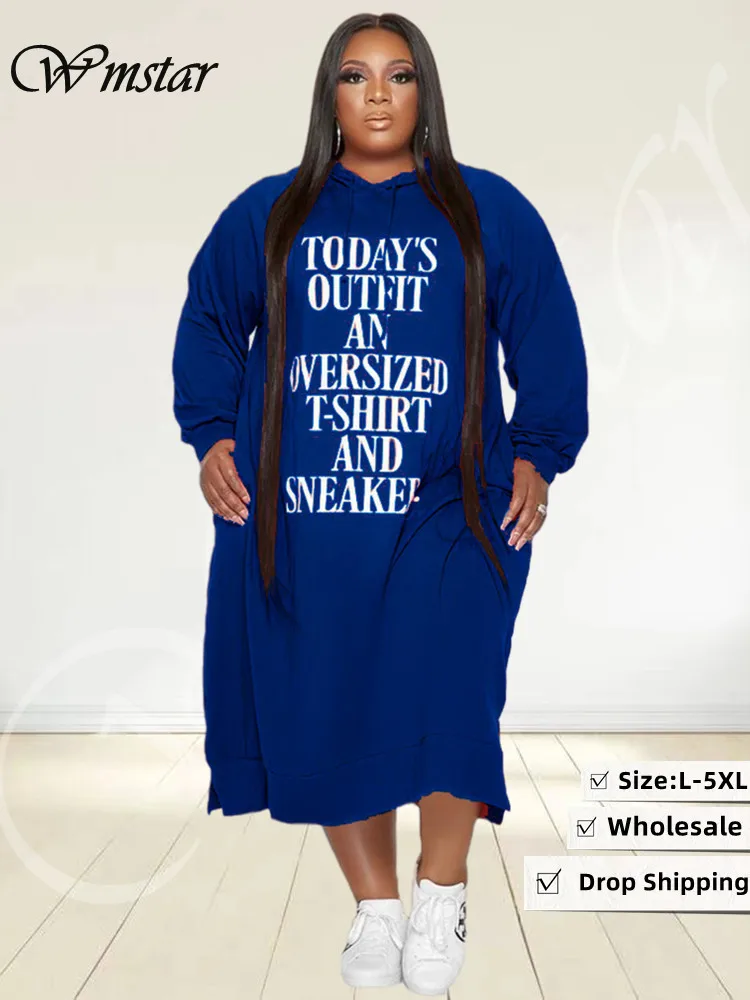 

Wmstar Plus Size Dress Women 2023 Loose Letter Print Hoodies Casual Dress Pockets Maxi Dresses Wholesale Dropshipping L-5xl