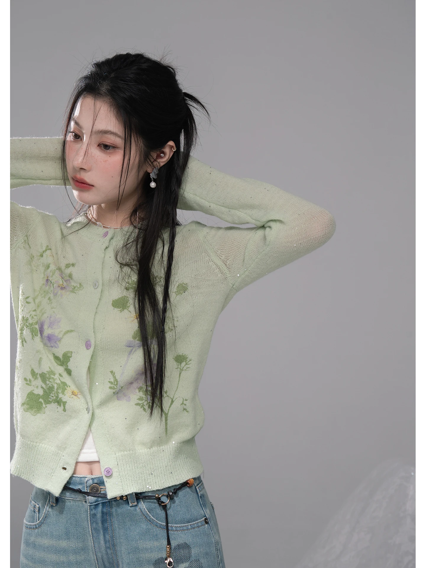 

COTRE Original Design Oxygen Feel Spring Wild Fruit Green Transparent Print Knitted Open Cardigan Soft Polyester Blend Long S...