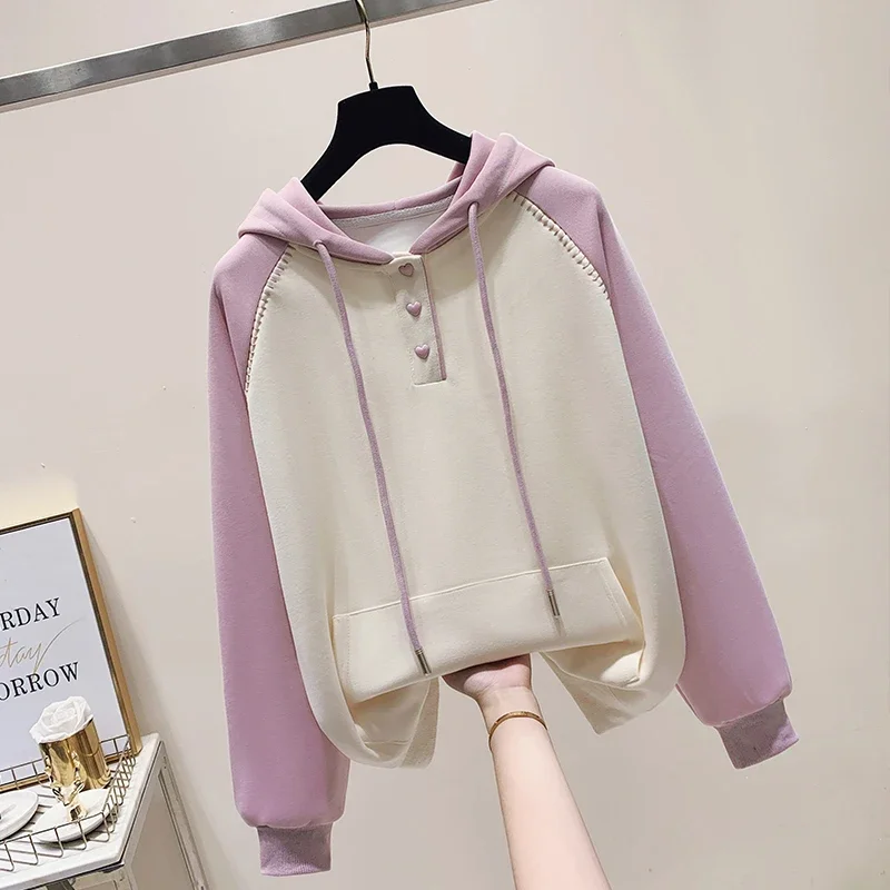 2024 autumn and winter color blocked hooded loose fitting raglan sleeves, casual and popular sweatshirt long sleeved top