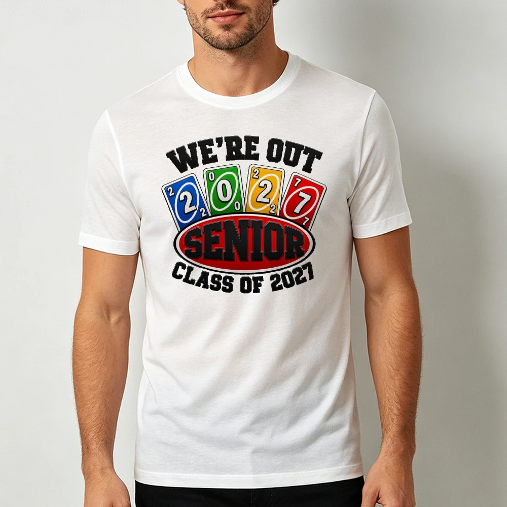 We’re Out Senior Class Of 2027 Color Number Card Graphic Men Summer T Shirt Grad Retro Student Motif Short Sleeve Daily Top