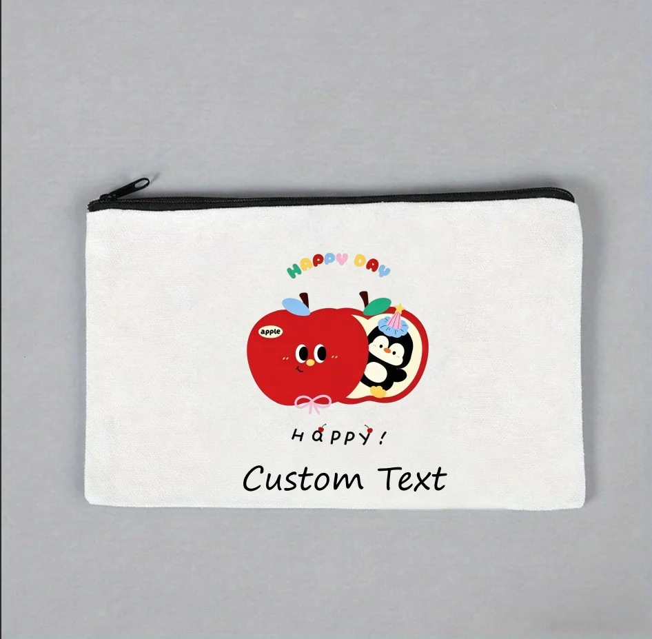 1PC Custom Text Happy Day Red Apple Cute Penguin Cartoon Canvas Cosmetic Pouch Zipper Portable Makeup Storage Bag