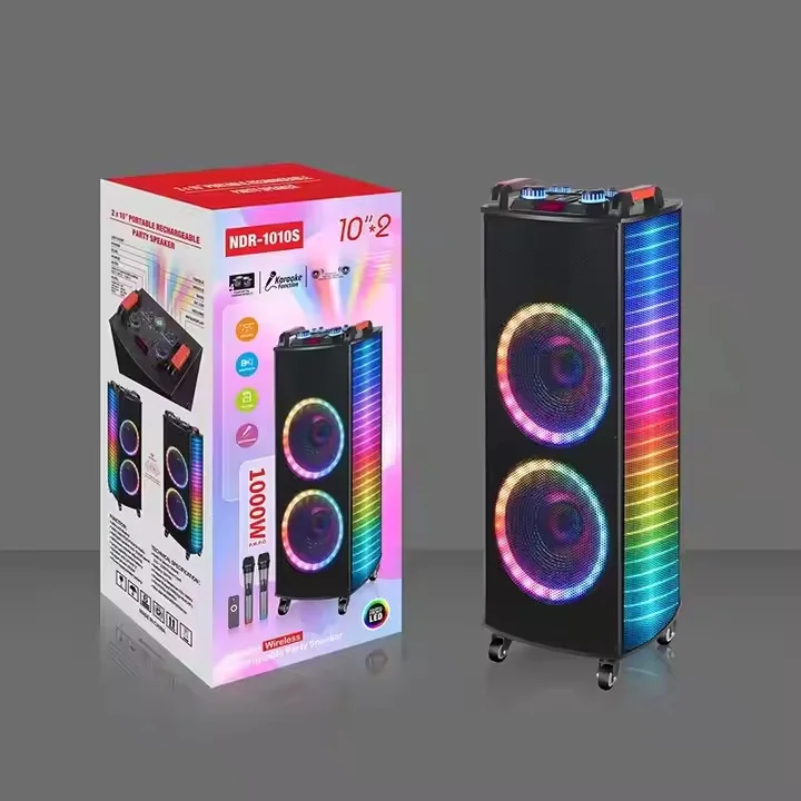NDR Dual 10inch Outdoor Karaoke For Bluetooth Speaker For Home Theatre KTV High Power RGB LED TF Mobile Battery DJ Cart For