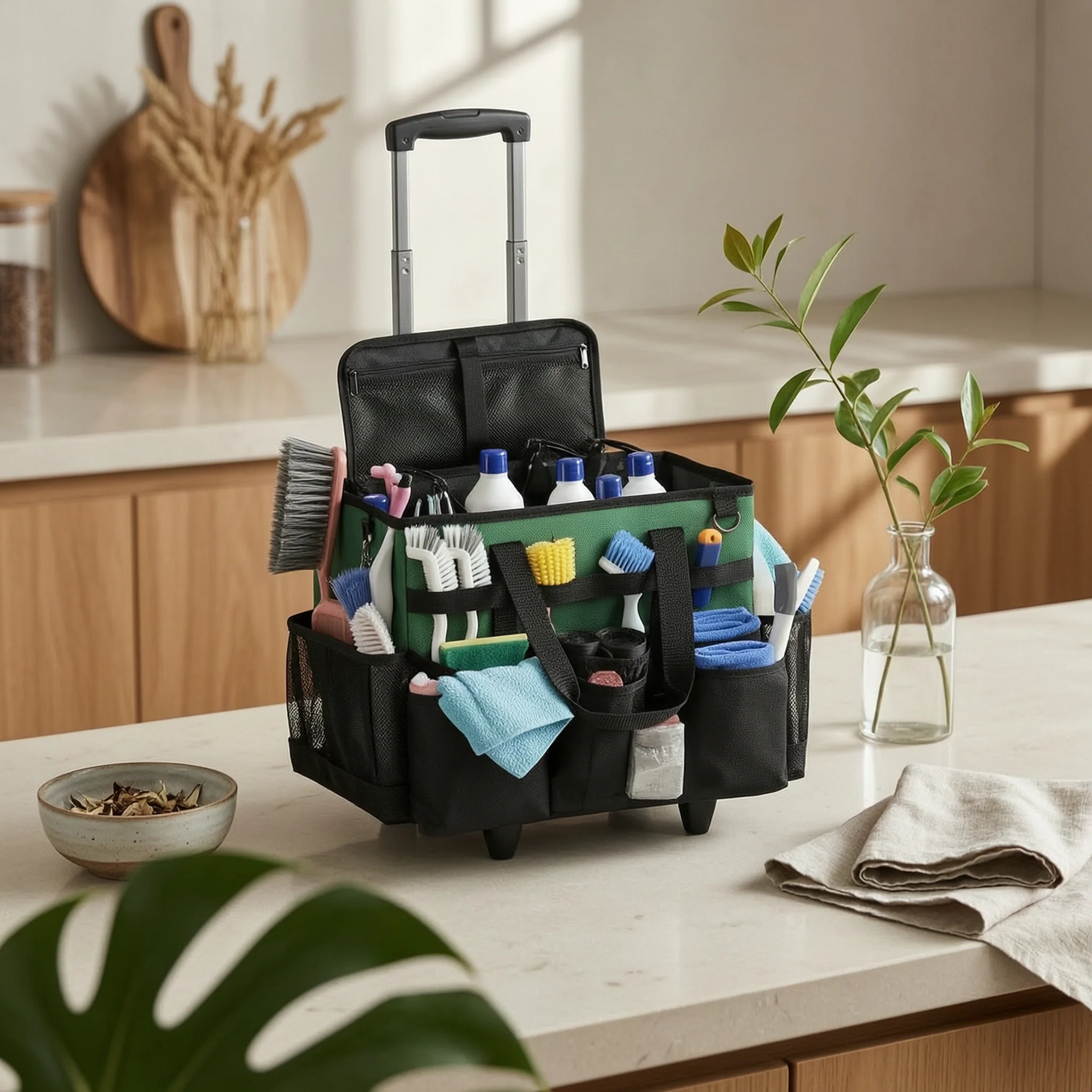 Cleaning Supplies Organizer with Wheels Rolling Cleaning Bag with Trolley Wheeled Organizer Bag Detachable Large for Cleaners
