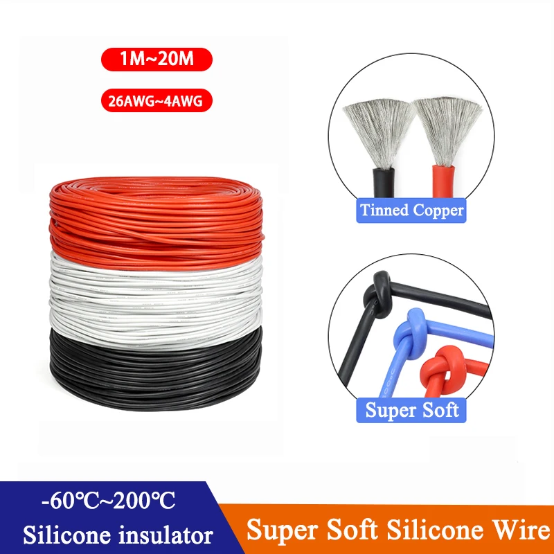 

Super Soft Silicone Rubber Wire Red Black White 26AWG~4AWG Heat-resistant Car Battery Electrical Power High Temperature Cable