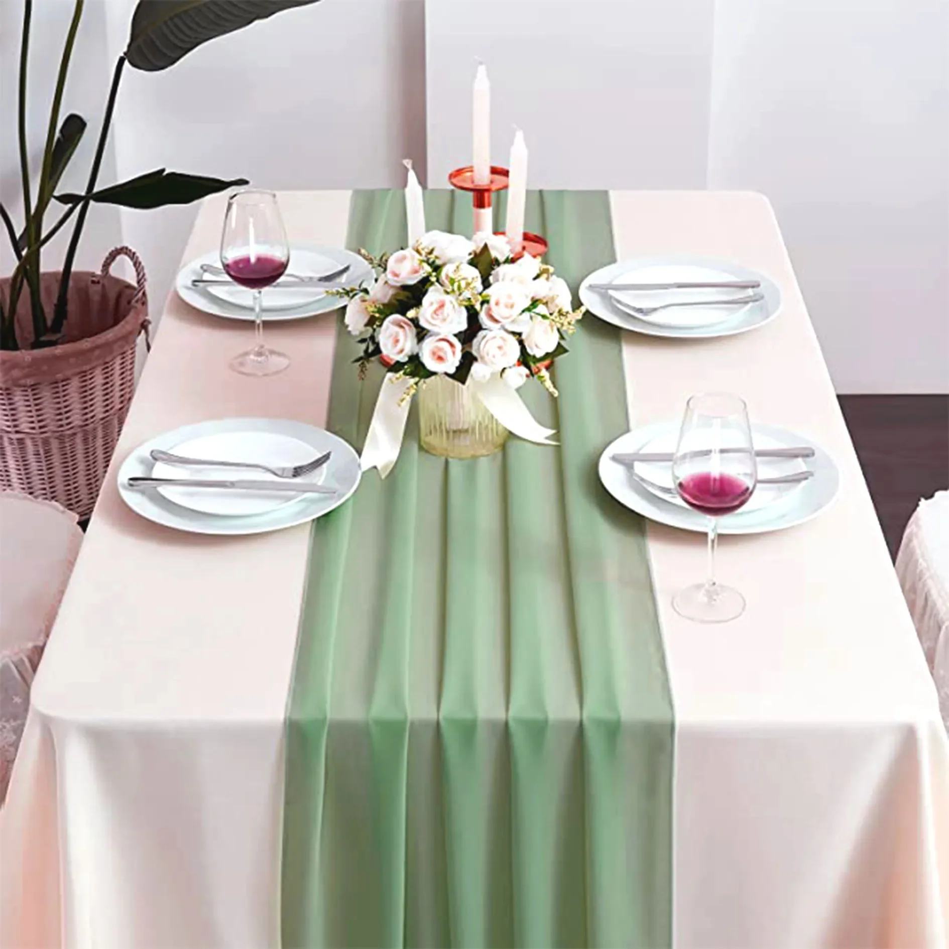 Sage Green Chiffon Table Runner Romantic Boho Table Runner For Wedding Birthday Party Bridal Valentine's Day Table Decoration