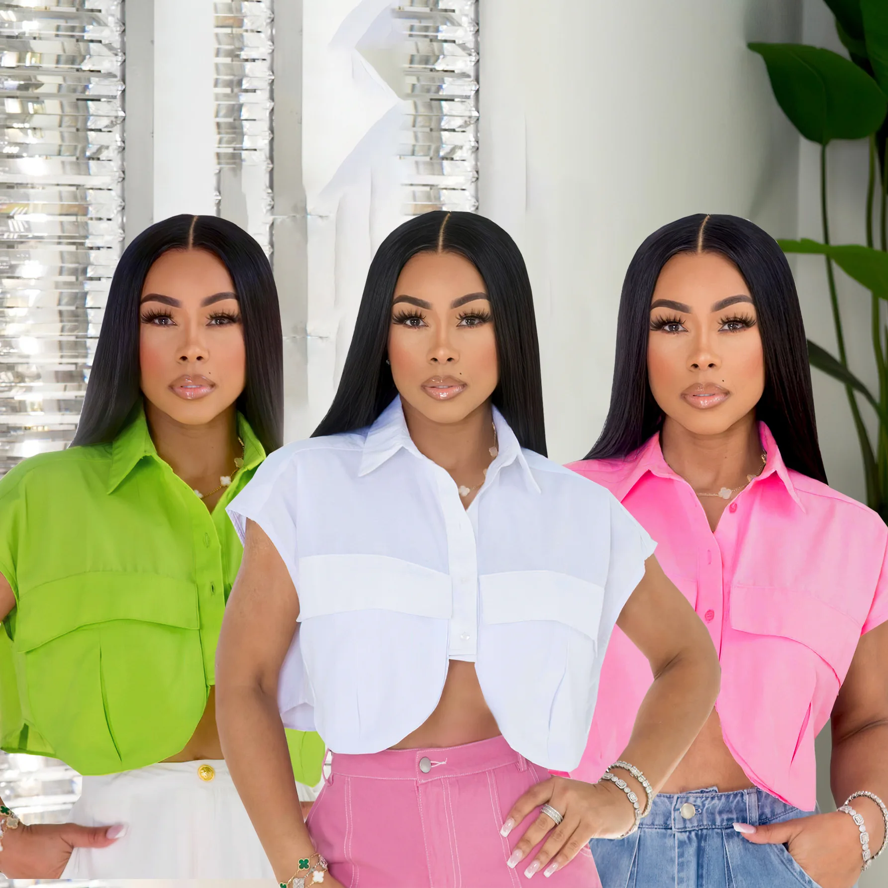 

M3020 Ladies Solid Color Sleeveless Collar Shirt with Cargo Pockets - Short Sleeve Blouse for Casual Street Style Women's Shirt