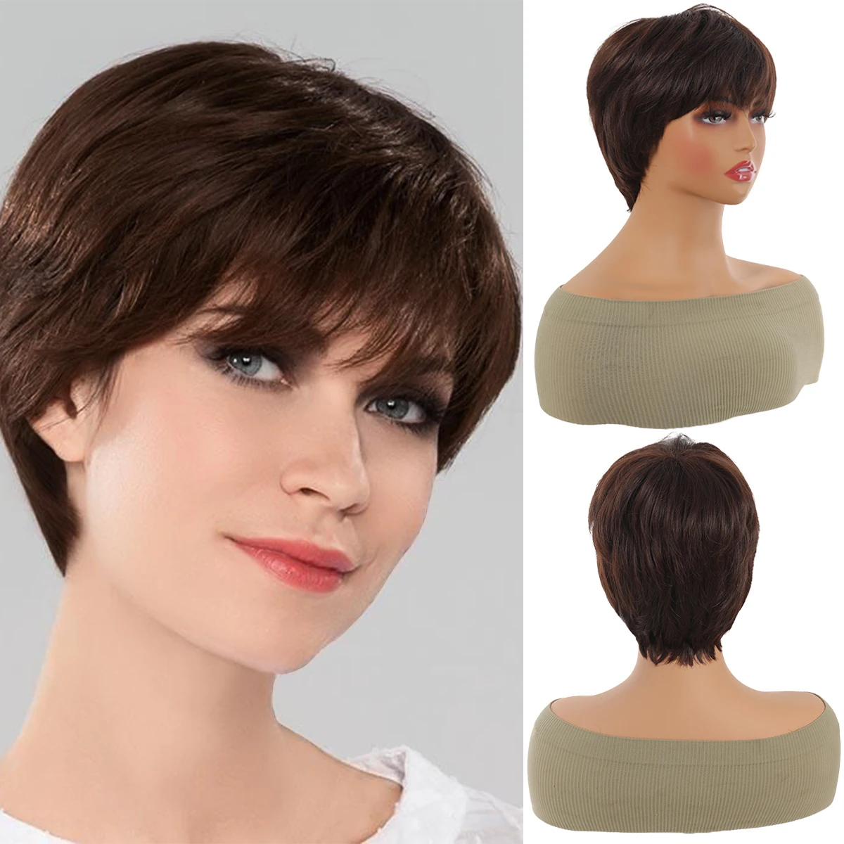 

Fashion women's short curly brown micro volume whole synthetic fiber high temperature silk wig mechanism full head cover