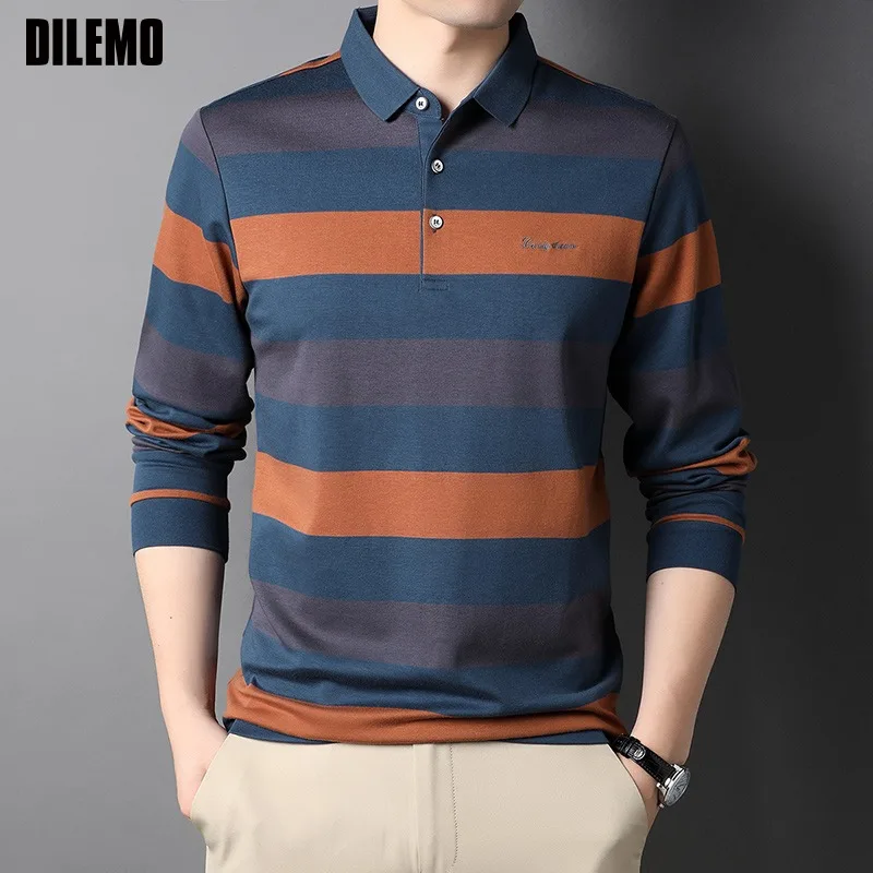 Top Grade Cotton New Fashion Designer Logo Brand Luxury Mens Polo Shirt With Long Sleave Stripped Casual Tops Men Clothes