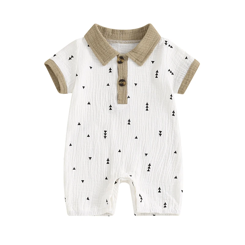 

Newborn Infant Baby Boy Short Sleeve Romper Cotton Linen Collared Jumpsuit Cartoon Print Short Overalls Playsuit