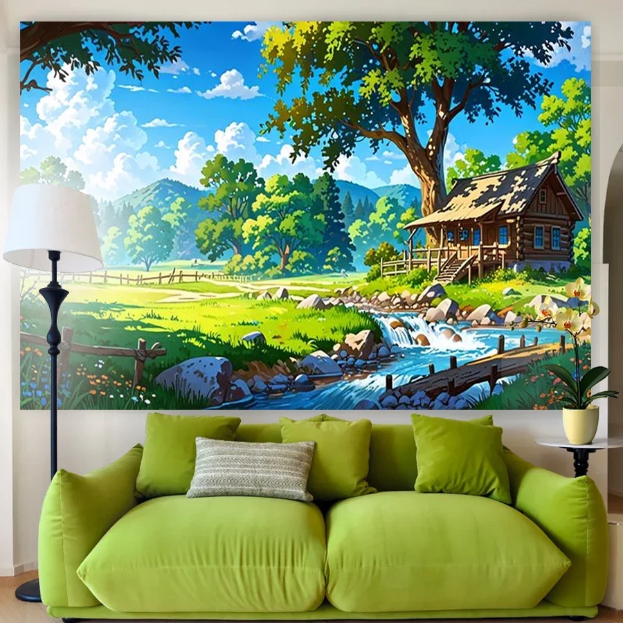 Vibrant Watercolor Landscape Mural Wall Tapestry Forest Stream Cottage Rustic Nature Decor for Living Room Bedroom