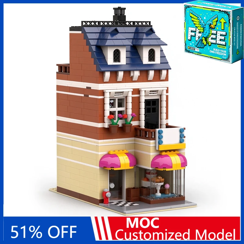1327PCS Bakery Building Model MOC Puzzle City Street Corner Shop Architecture DIY Assembly Building Blocks Festival Gift Box
