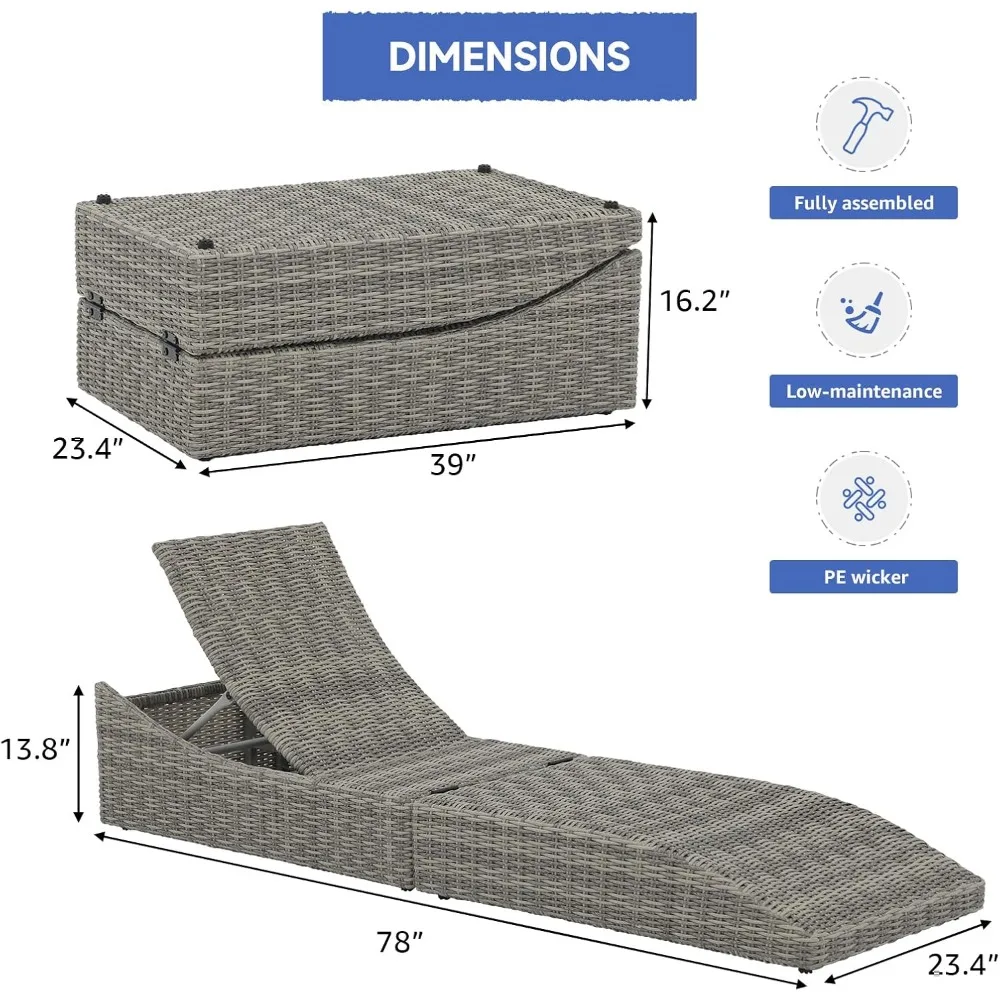 Folding Outdoor Adjustable Chaise Lounge Chair with Removable Cushion, Fully Assembled, Patio PE Rattan Reclining Lounger Gray