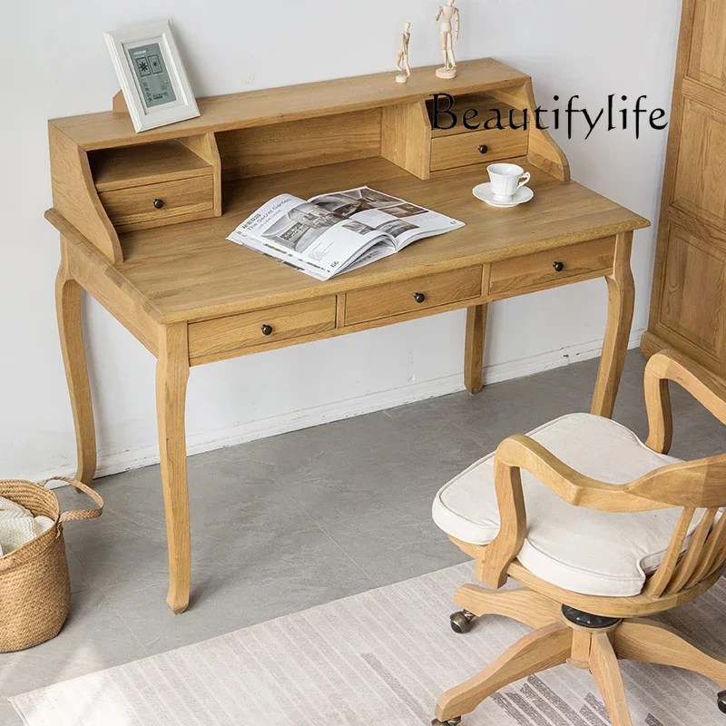 BJ American Oak Solid Wood Desk Home Retro Old Computer Desk Bookshelf With Drawer Desk Room Decoration