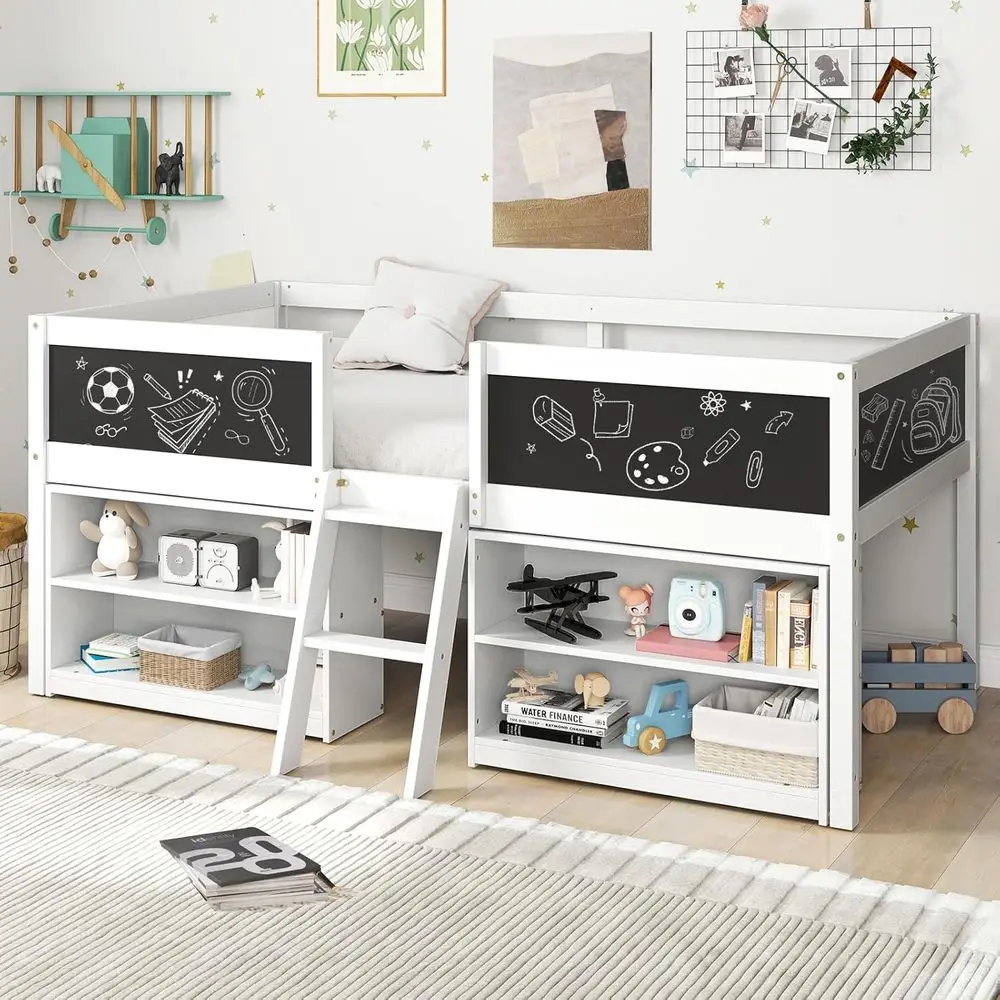

Pine Wood Twin Bed with Chalkboards, Storage, and Guardrails for Kids (White)