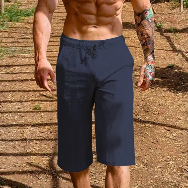 New Men's Cotton Linen Shorts Pants Male Summer Breathable Solid Color Linen Trousers Fitness Streetwear