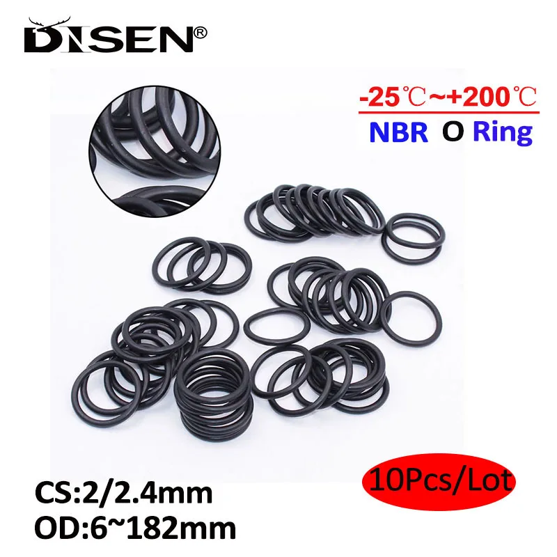 10Pcs CS 2/2.4mm OD 6mm-182mm Black NBR O Ring Seal Gasket Nitrile Rubber O-Ring Waterproof Oil Resistant Sealing Washer